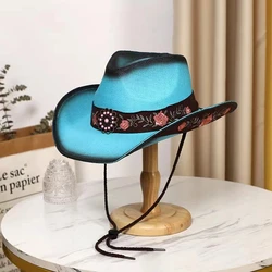 New Lake Blue Western Cowboy Straw Hat 2024 Spring and Summer New Outdoor Sun Hat Men's and Women's Cowboy Hat gorras