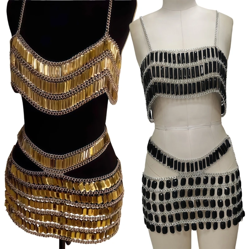 Women Sparkly Rhinestones Chain Mini Skirt Sleeveless Halter Crop Tanks Top Glitter Body Jewelry Fashion Chain