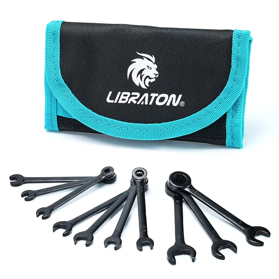 LIBRATON 10PCS Mini Wrench Set Metric 4-11mm & SAE 5/32''-7/16'' Open End and Box End Carbon Steel Lightweight Organizer Pouch