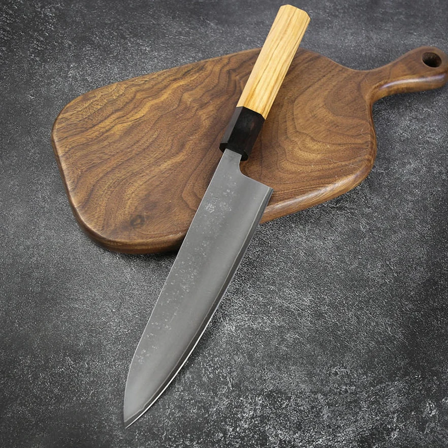 8 Inch Gyuto Knife Stainless Silver Steel No. 3 Blade Chef Cleaver Slicing Japanese Kitchen Knife Olive Wood & Ebony Handle