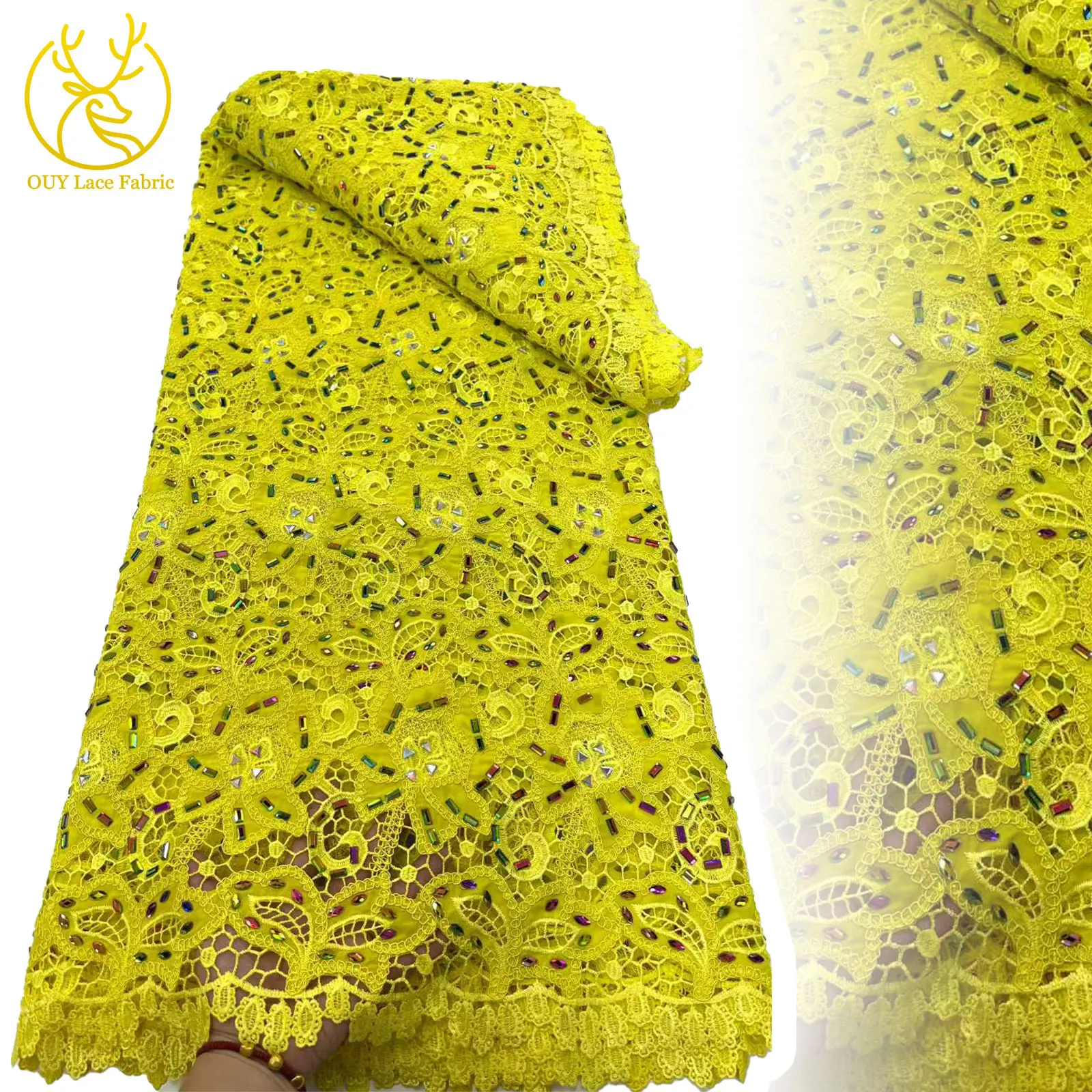 

Yellow African Large Jewel Guipure Embroidered Lace Fabric 2025 Luxury Nigerian Rope Lace Fabric Ladies Dinner Dress Sewing