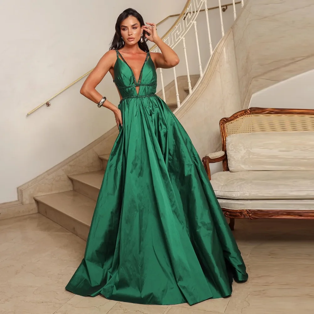 Customized Emerald Green Taffeta Prom Dresses V-Neck Spaghetti Straps A-Line Evening Gowns Pleated Ruched Formal Party Dress