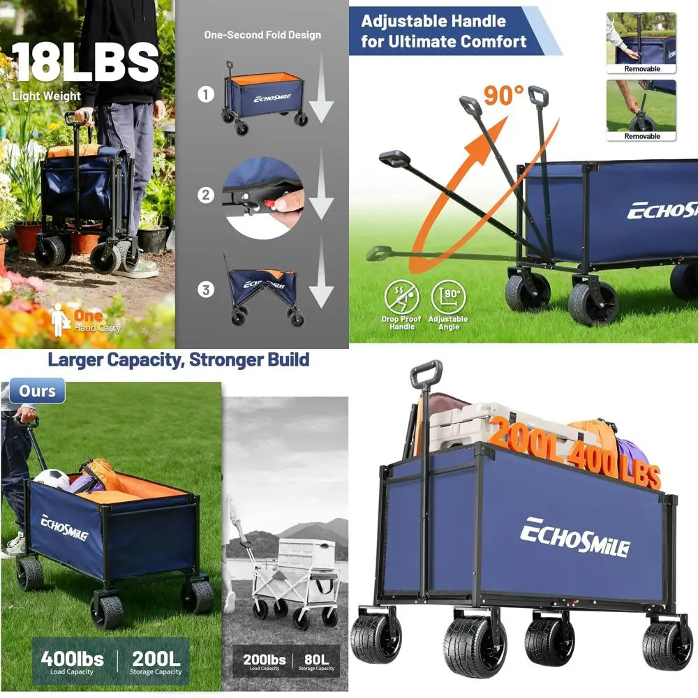 

Вездеходная складная тележка повышенной прочности для кемпинга, пляжа и многого другого – грузоподъемность 180 кг, с широкими колесами, портативная универсальная тележка для