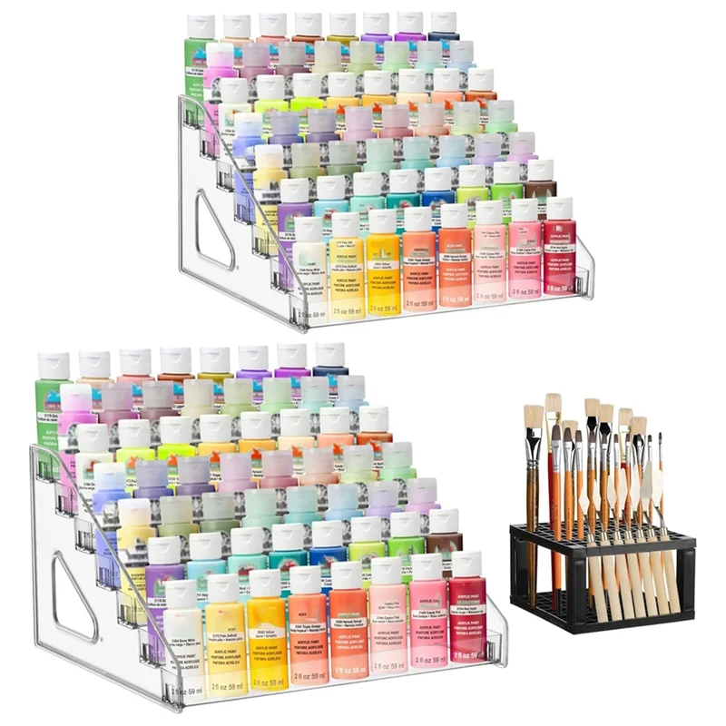 2Pcs Clear Paint Storage Box With Paint Brush Holder, 7 Craft Paint Storage Rack, Miniature Paint Rack For Paint Storage