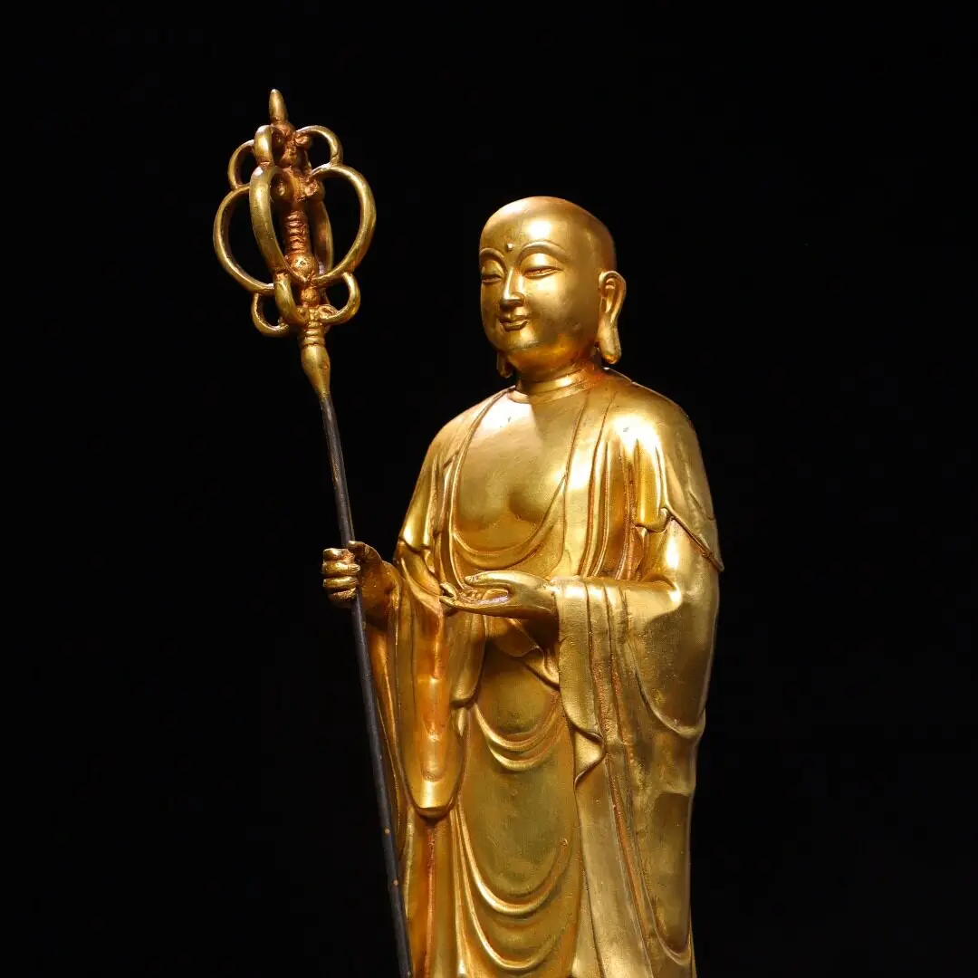 Antique Copper Gold Gilt Ksitigarbha Bodhisattva Statue Jiuhua Mountain Desk Home Decor