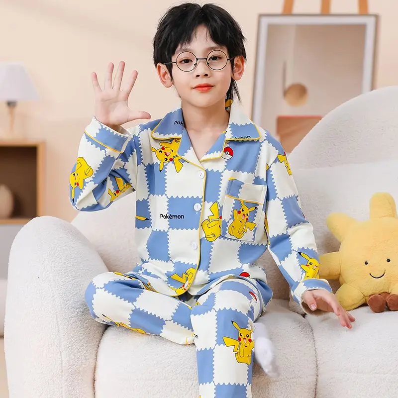 Conjunto de pijamas con estampado de Pokemon Pikachu para niños, ropa de dormir de manga larga con botones, ropa de dormir bonita de dibujos animados para niños, ropa de casa de algodón suave