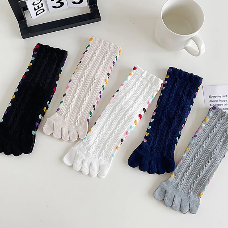 Ins Colorful Heart Braid Five Finger Socks For Women Spring Autumn Middle Tube Cotton Socks Breathable Crew Sock Streetwear