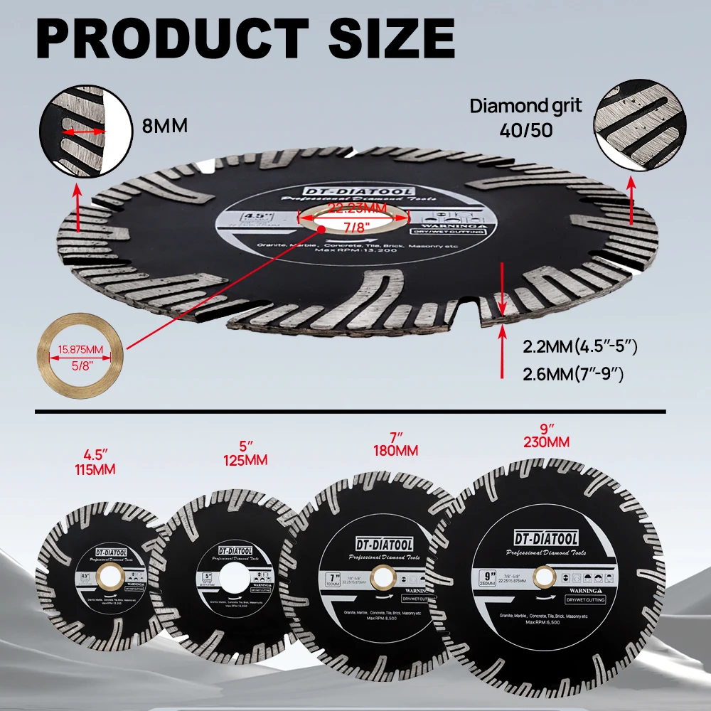 

DT-Diatool 115-230mm Diamond Disc Saw Blade for Cutting Granite Marble Porcelain Ceramic Tile Circular Saw 1Pc Cutting Disc