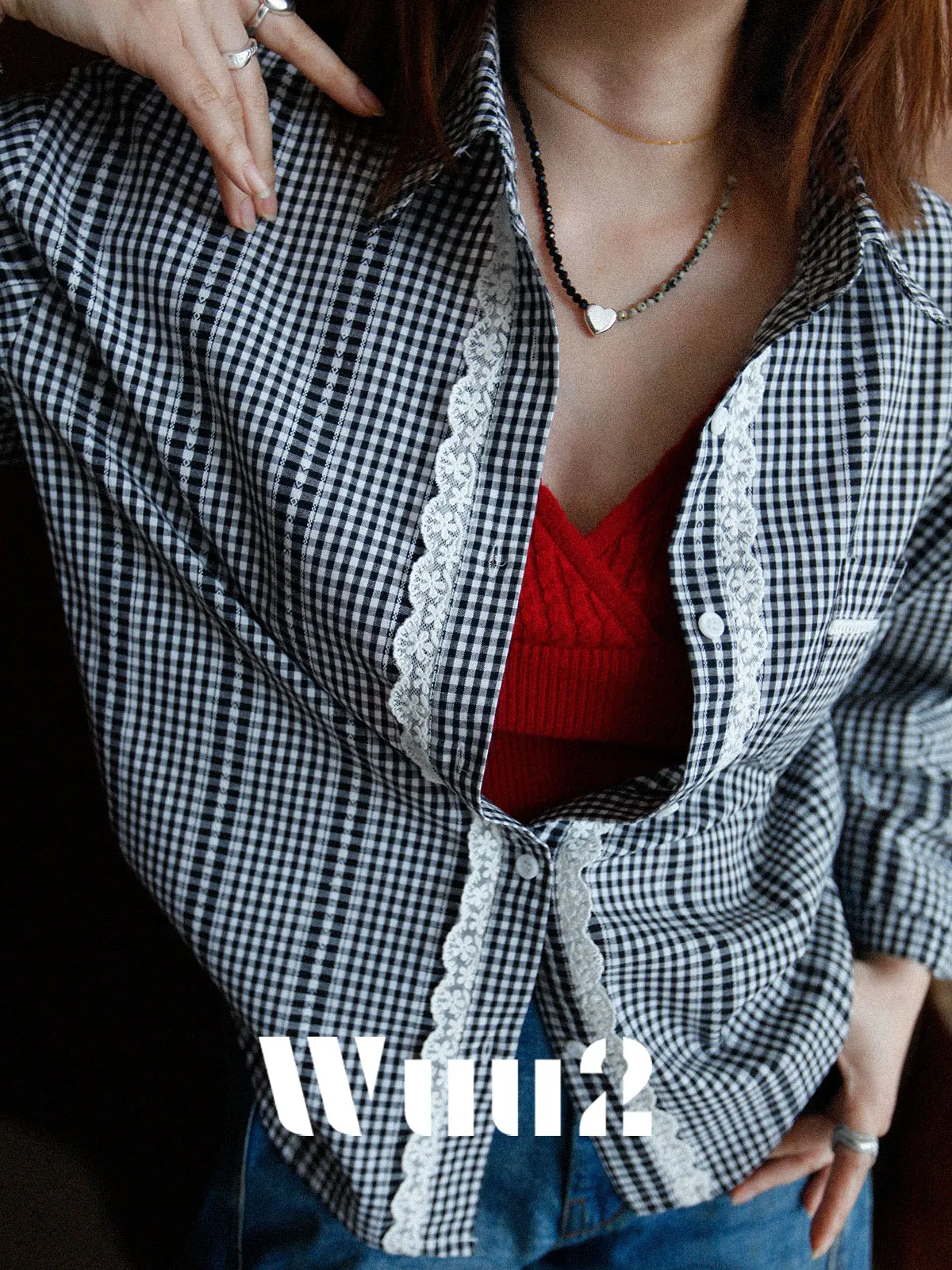 

Tokyo Story Wuu2 Vintage Lace Splicing Black White Plaid Women's Shirt Design Sensation Spring Clothing Loose Fit Long Sleeve