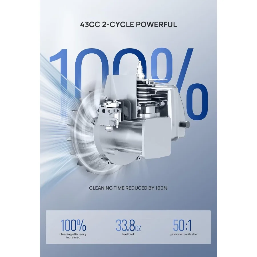 Dmuchawa plecakowa z silnikiem benzynowym 43 cm3 zapewniająca mocny przepływ powietrza, lekka, waga tylko 7,9 kg, idealna do usuwania liści, piasku i żwiru.