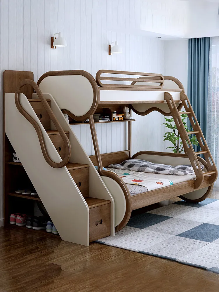 Nordic all solid wood mother and child high and low bed, white wood soft bag on and off the bed, adult boy and girl triple-layer