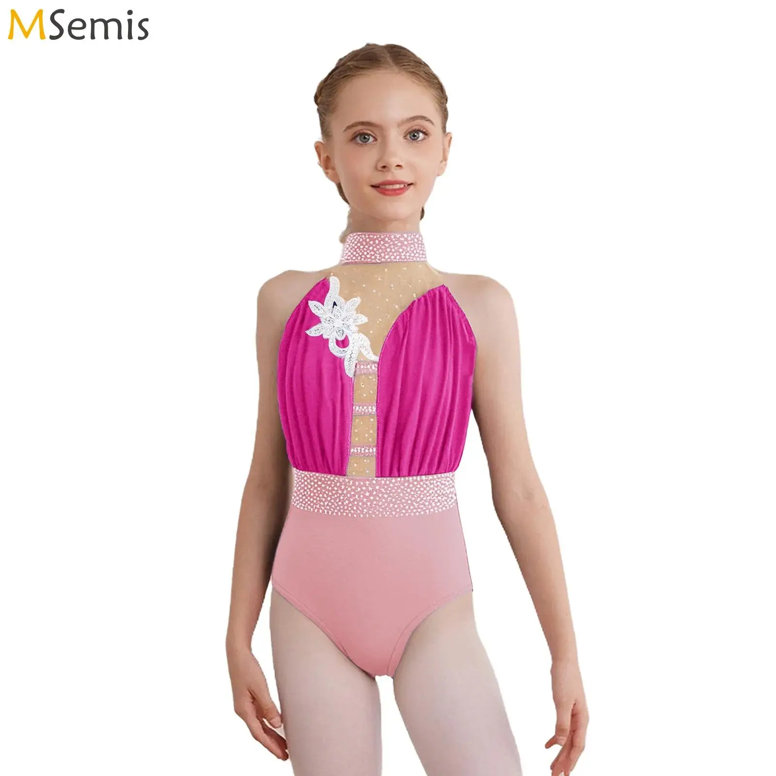 

Детский прозрачный сетчатый костюм для девочек с аппликацией и стразами, гимнастический балетный трико, танцевальный трико, костюм для фигурного катания, боди, танцевальная одежда