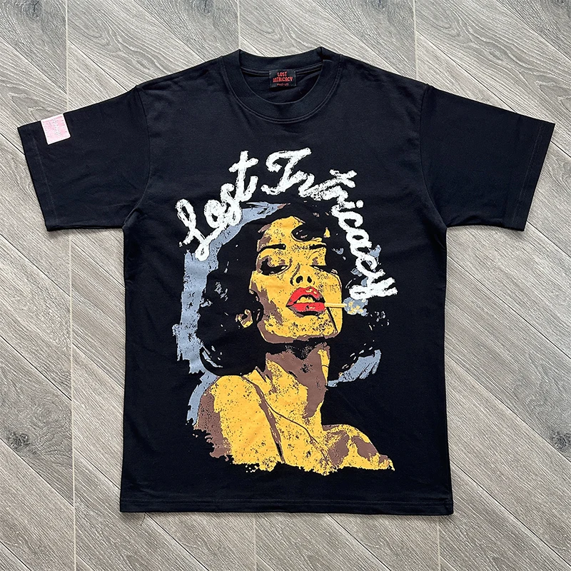 

Washed Cotton T-Shirt Lost Intricacy T-Shirt Vintage Euro-American Portrait Print Washed Cotton Short Sleeve