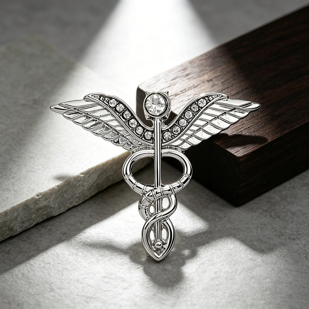 Large 3.2CM Caduceus Brooch Pin Lapel Badge Men\'s Rod of Asclepius Emergency Crystal Medical Staff Badge