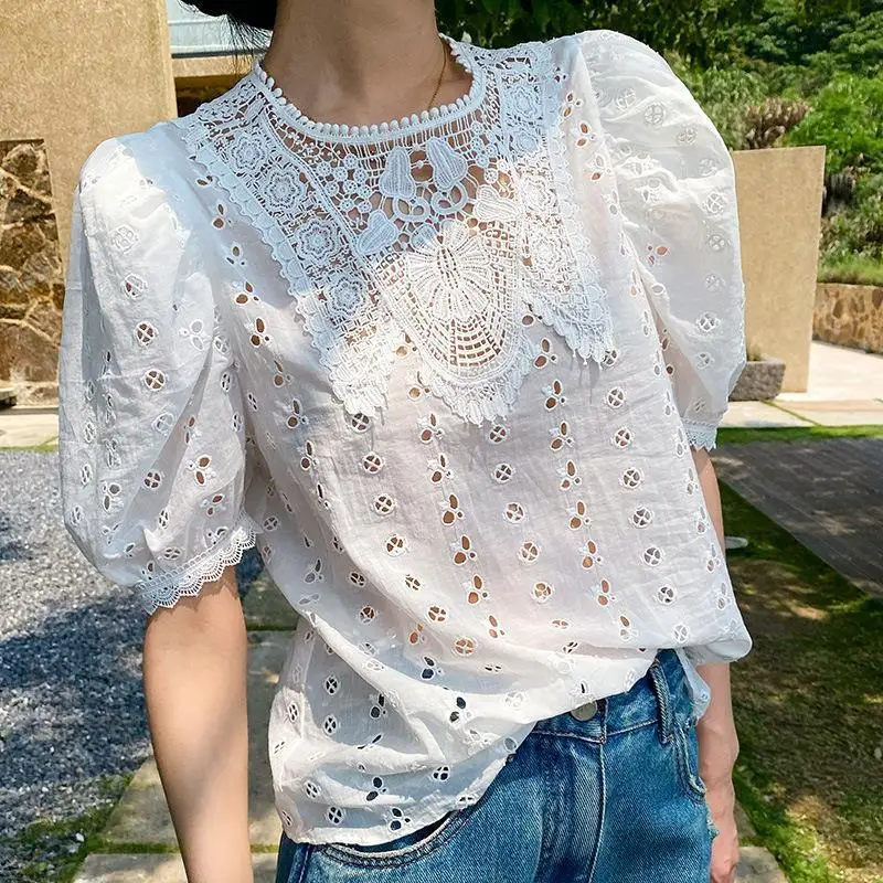 MIMIBIANCHE Damska Bluzka z Haftem, Krótki Rękaw, Letnia/Wiosenna, Biała, Okrągły Dekolt, Bufiaste Rękawy, Poliester