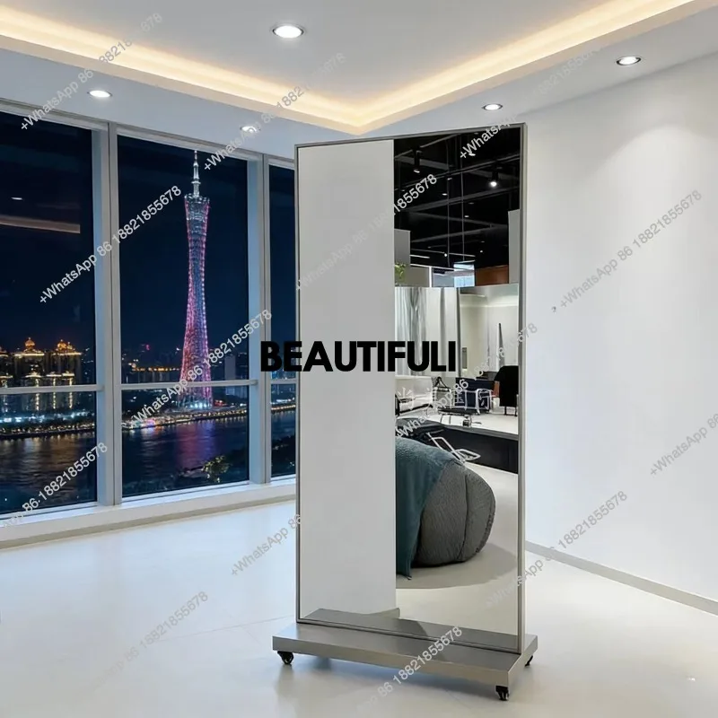 double-sided floor-to-ceiling mirror, special for hair salon, hair salon mirror table removable, stainless steel with wheels