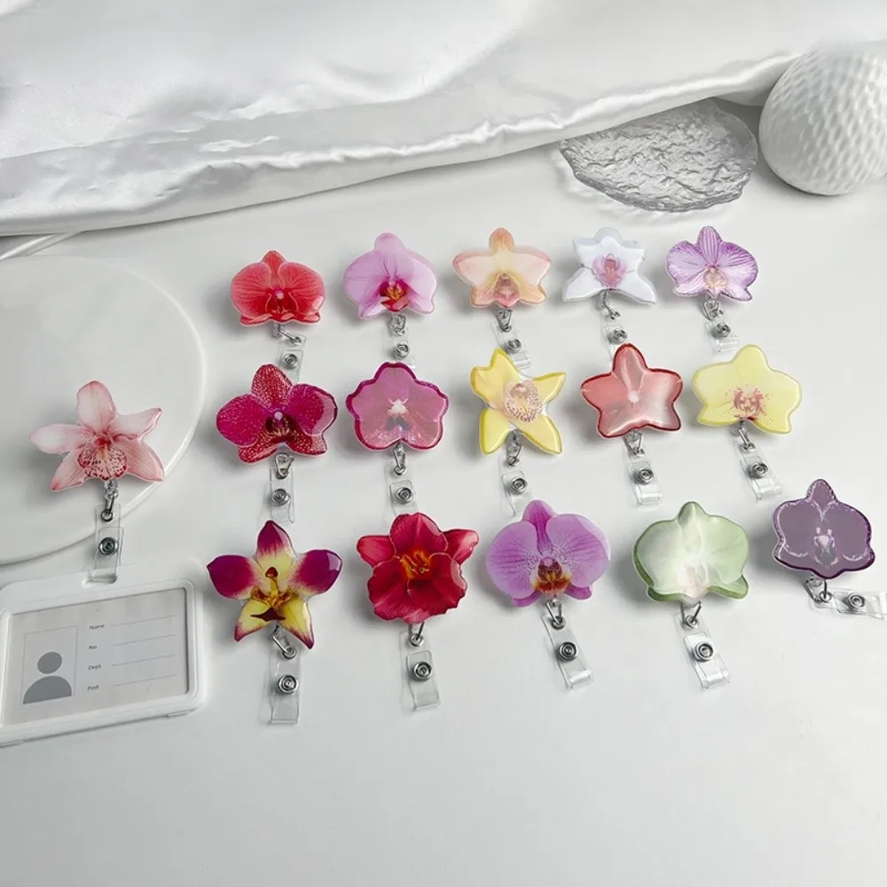 Cute Acrylic Resin Holder Clip Durable Orchid Flower Shape ID Badge Reel Retractable Design Name Tag Badge Office Employee