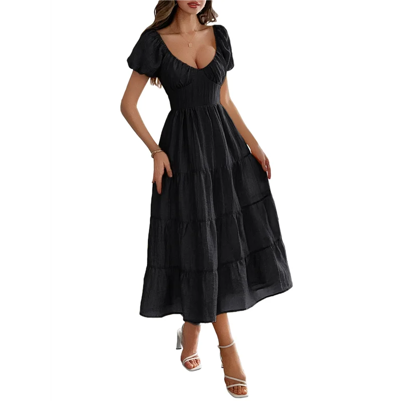 NUOVO-Abito longuette casual estivo da donna Abiti gonfi a maniche corte con scollo a V e volant a strati