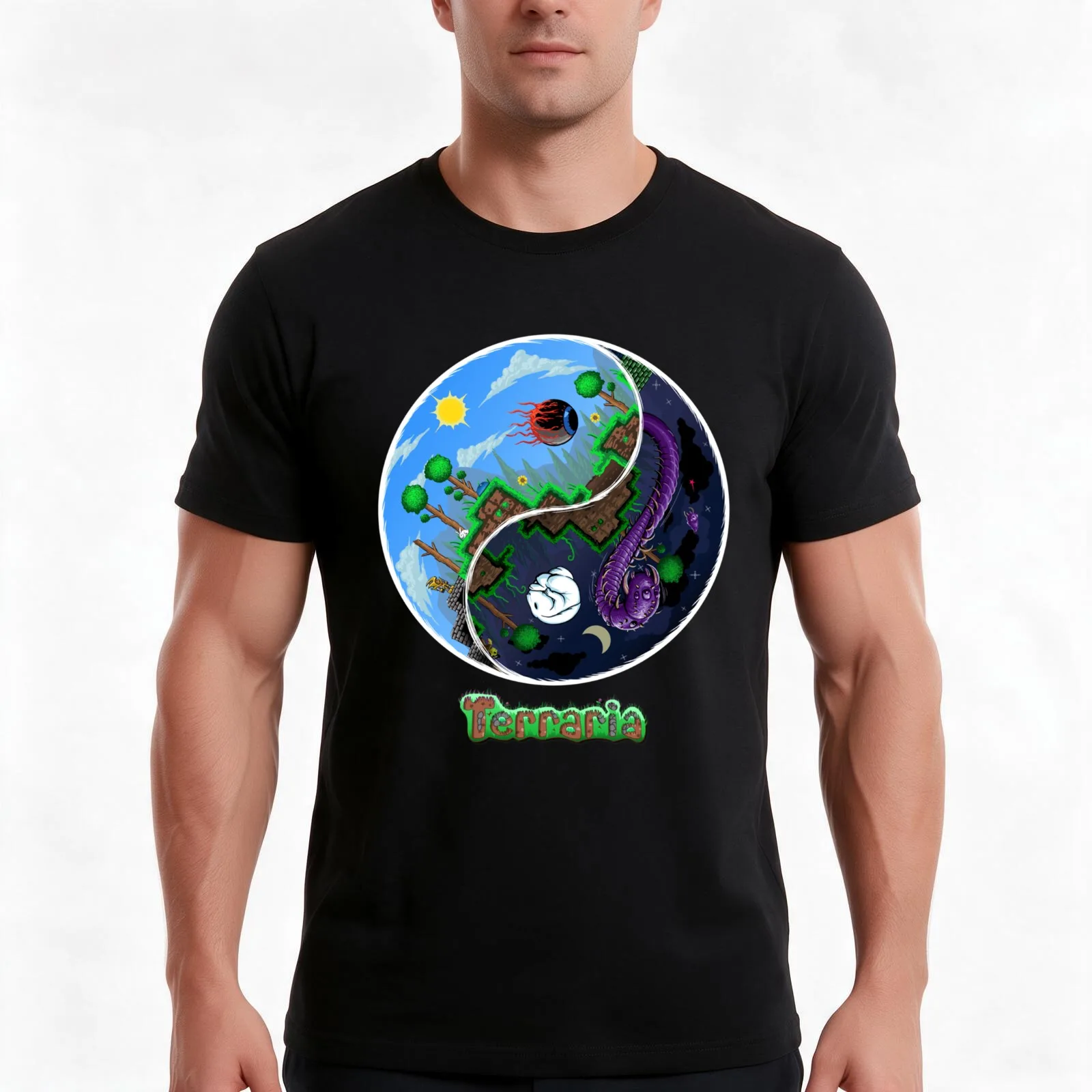 Terraria Game Night And Day Horror Design T-Shirt, Summer Casual Cotton Tee, Oversized Streetwear Tops, Vintage Graphic Print