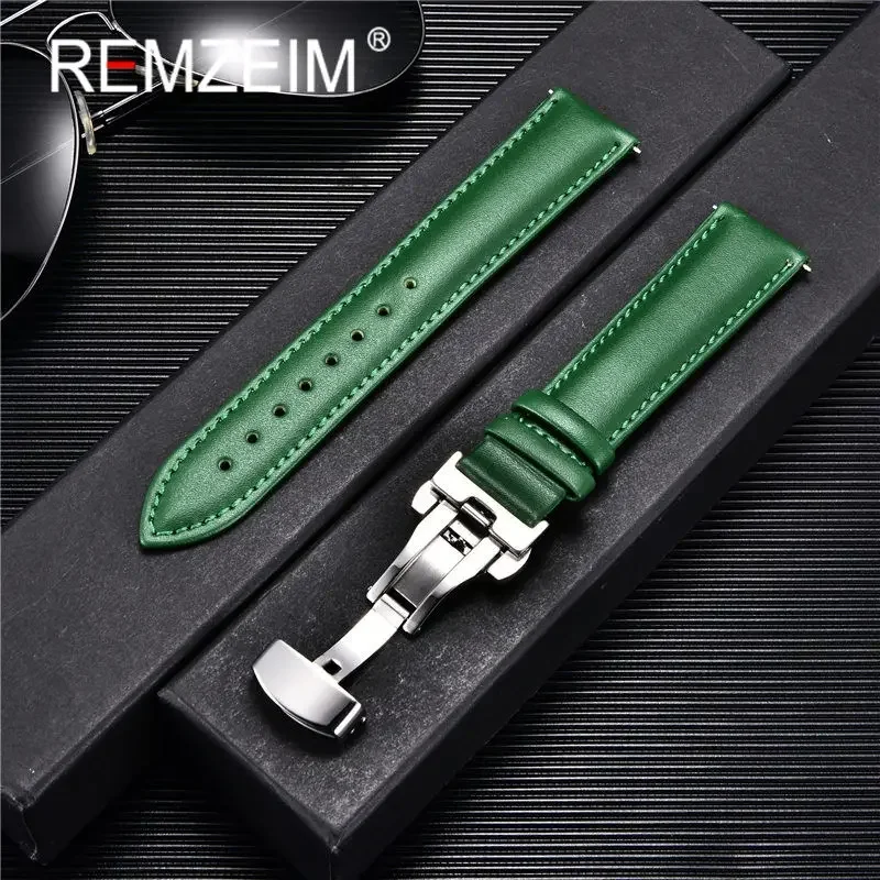 REMZEIM Soft Leather Watch Band with Stainless Steel Automatic Buckle 18mm 20mm 22mm 24mm Watch Straps Green Blue Red