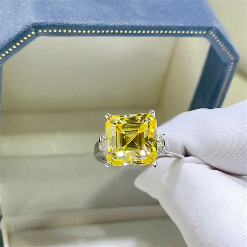 NKHOG Asscher Cut Moissanite Rings S925 Silver Square Yellow Diamond Women Men Luxury Wedding Band Jewelry Gifts GRA Certificate
