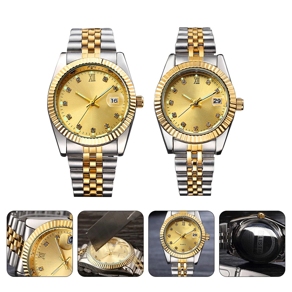2Pcs Nightlight Couple Watches Quartz Wrist Ladies Watches Simple Design Mineral Glass Stainless Steel Unisex Casual Formal Gift