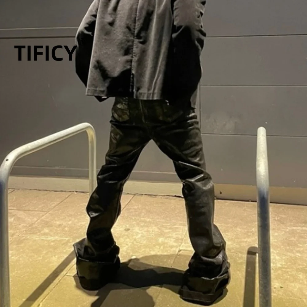 High Street Dark RO Style Denim Pants Men Dark Brushed Wax Coated High Elasticity Ribbon Jeans Wide Leg Slightly Flared Pants