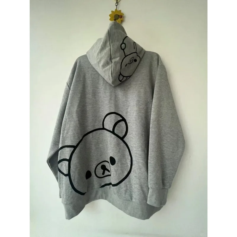 Rilakkuma Casual Hooded Sweatshirt Cute Little Bear Printed Tops Stylish Unisex Daily Hoodie Chic Autumn Winter Loose Pullover