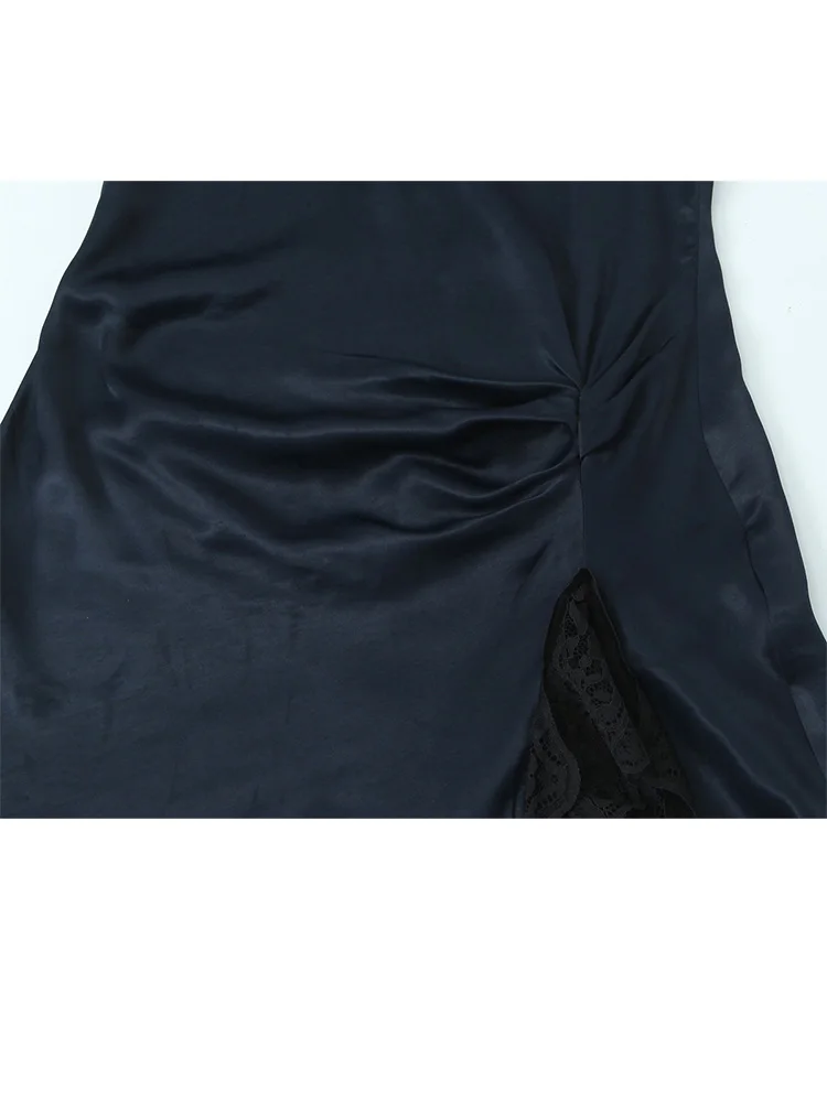 Hh mulher sexy vestido sólido emenda renda decoração volta zíper feminino primavera moda sem mangas plissado cetim textura vestidos