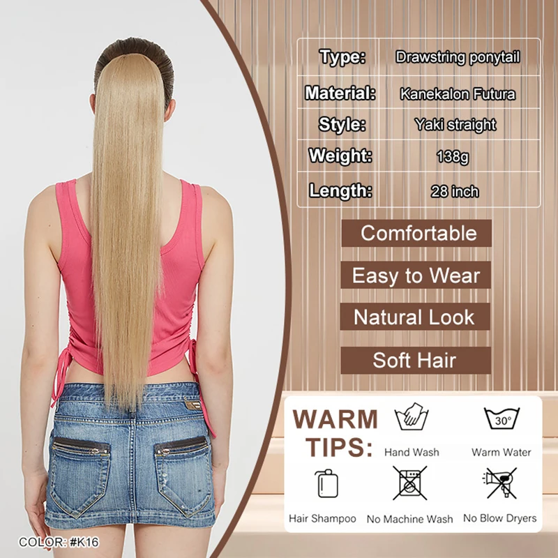 Snowdrop Synthetic Ponytail Extension Smooth Tangle Free Drawstring Ponytails Highlight Straight  Fake Hair Pony Tail