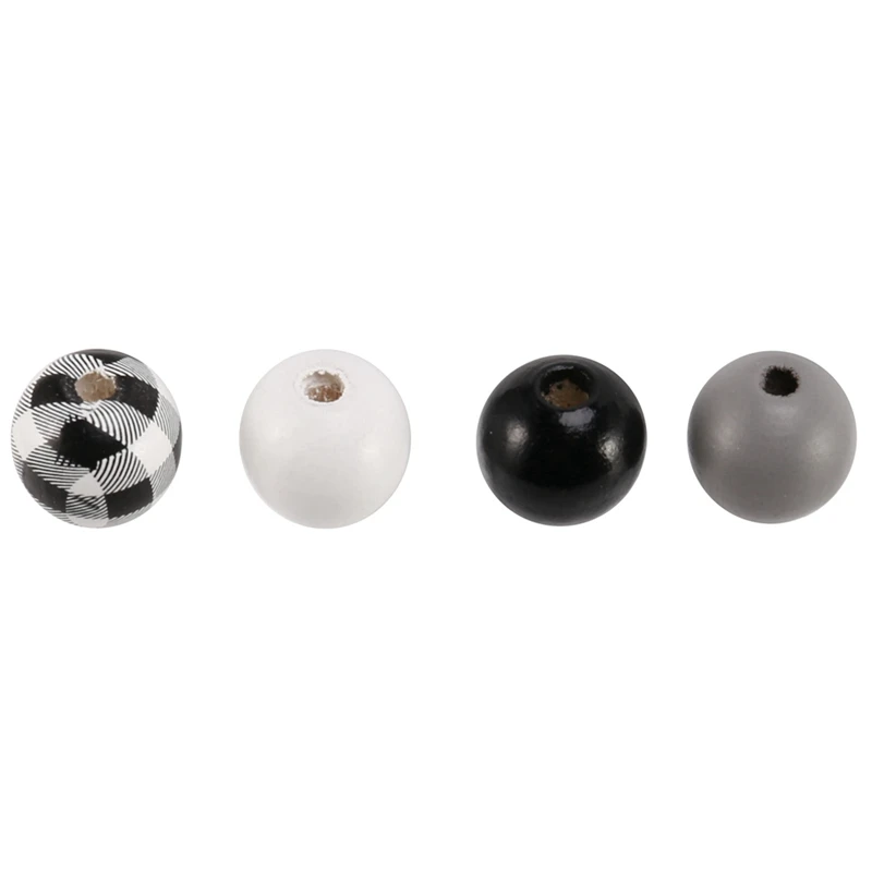 320Pcs Craft Wood Round Beads Plaid Wood Beads Summer Christmas Wood Bead Natural Farmhouse Beads (Black White Plaid)