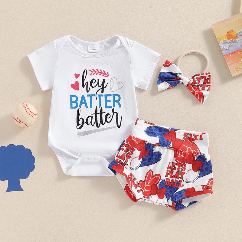 Newborn Baby Girl Baseball Outfit Hey Batter Romper Bloomer Shorts Set 3Pcs Infant Summer Clothes