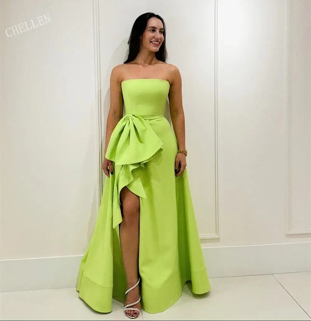 

Customized Lime Green Bow Strapless Side Split Prom Dress Simple A-Line Vestidos De Noche Floor-Length Formal Evening 2025