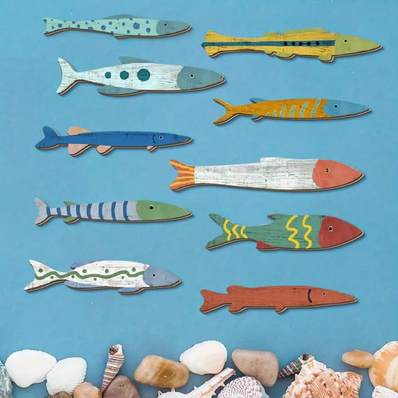 Handcrafted Wooden Ocean Wall Decor Fish Set Coastal Style For Home Bathroom