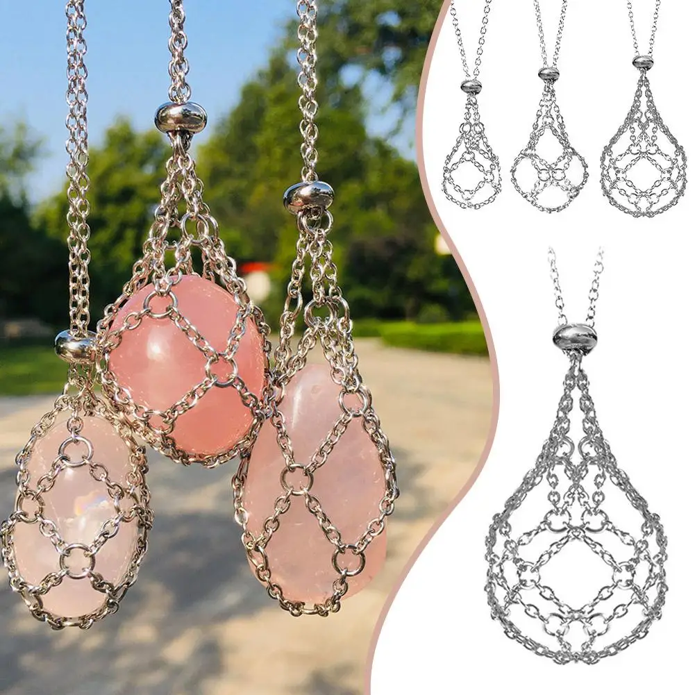Steel Crystal Net Metal Necklace For Women Men Stone Collecting Holder Interchangeable Crystal Holder Cage Neckla F2L9