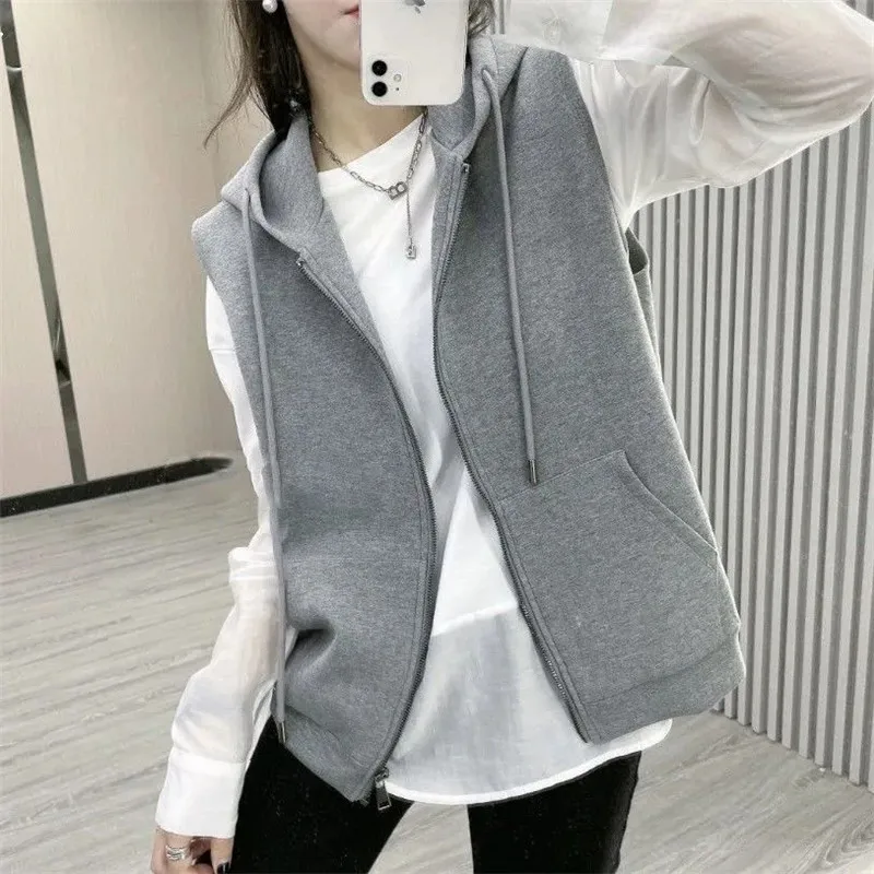 Hooded Vest Women Vintage Korean Fashion Female Casual Short Hoodie Waistcoat Drawstring Cotton Spring Autumn Sleeveless Jacket