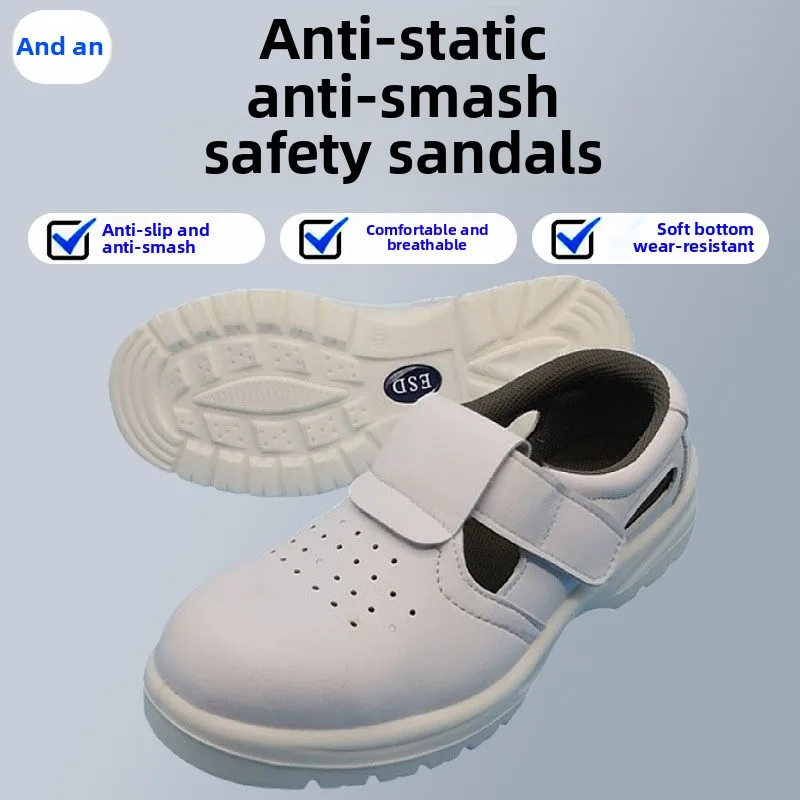White Anti-static Safety Shoes PU Anti-smash Steel Baotou Labor Insurance Food Non-slip and Dust-free Clean Workshop ESD Sandals