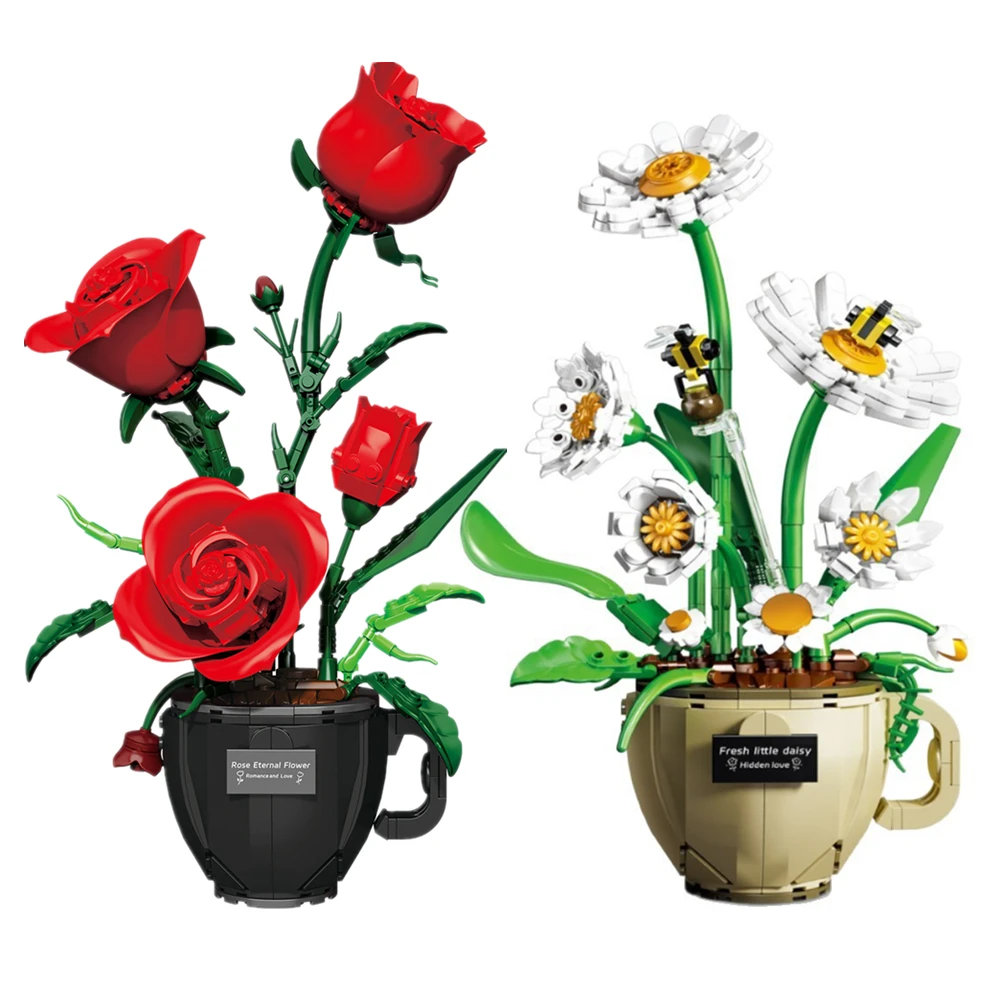 

Городской креативный букет цветов, роза, хризантема, бонсай, растение в горшке, строительные блоки, кирпичи, модель, украшение для дома, игрушки для детей