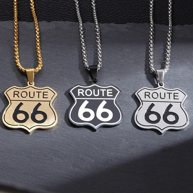 Fashion Route 66 Mother Road Pendant Stainless Steel Necklace Mens Womens Vintage Bike Race Party Jewelry