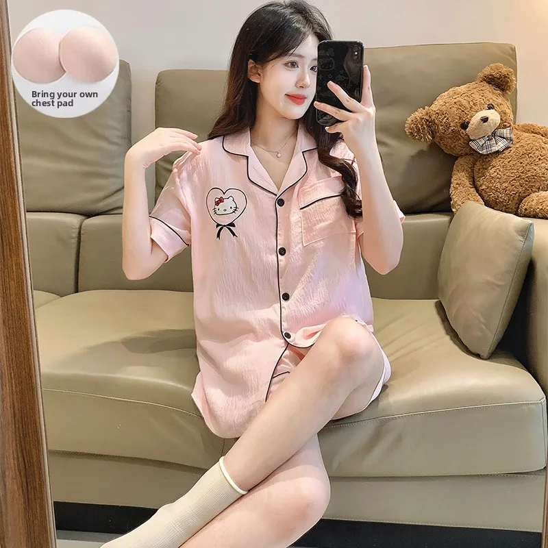 Pyjama d'été à manches courtes, short, Hello Kitty, décontracté, avec coussinet de poitrine, ensemble deux pièces de dessin animé mignon