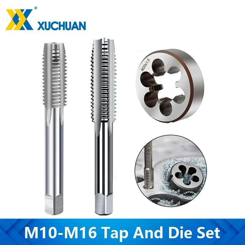 Screw Tap and Die Set HSS Metric Right Hand Machine Plug Tap Straight Flute 2Pcs Kit Threading Tools M10 M12 M14 M15 M16 