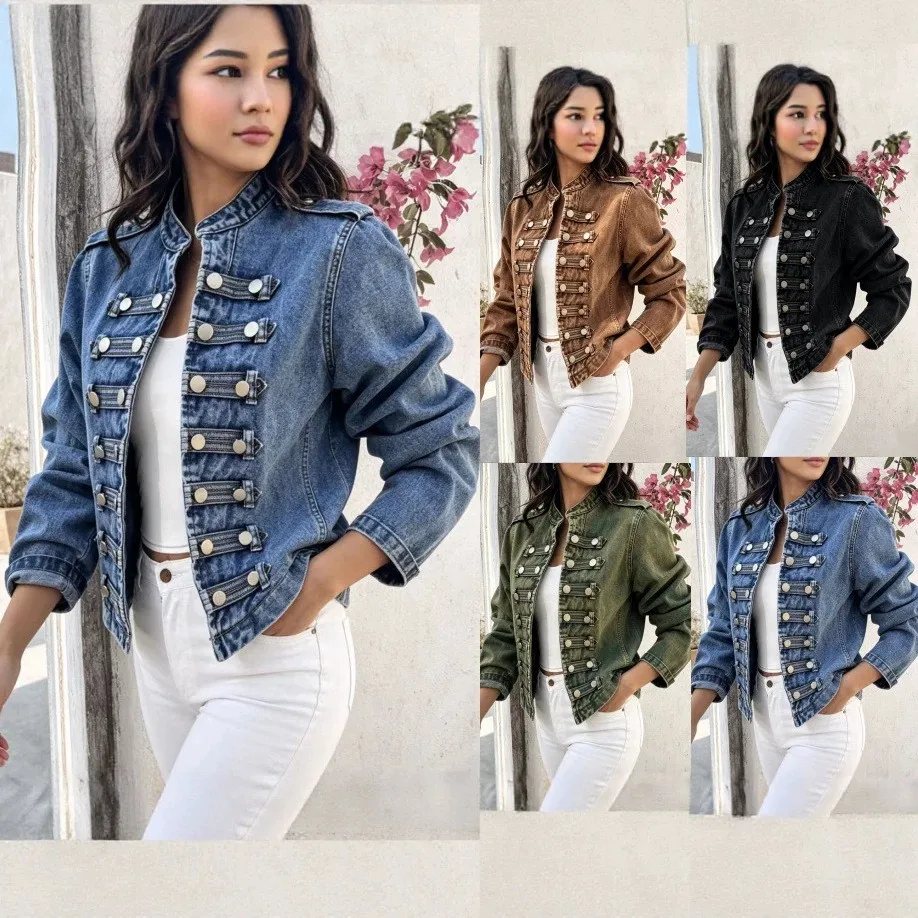 Women's Spring Autumn Stand Collar Long Sleeve Denim Jacket Women Clothing Tops Female Clothing Woman Clothes Women's And