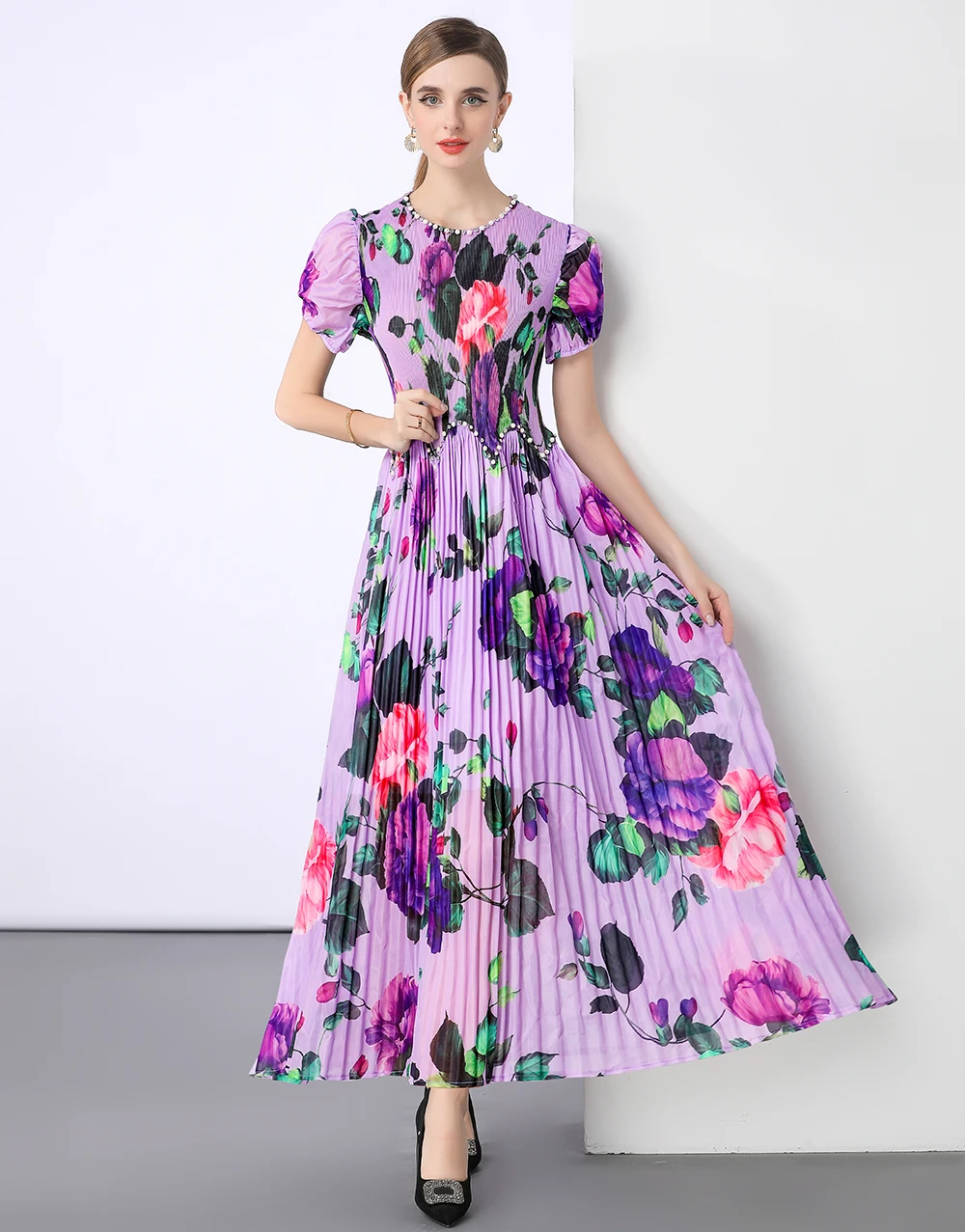 Sukienka wieczorowa z elastycznym pasem, kwiatowy wzór, dekolt okrągły, bufiaste rękawy, długa do podłogi, sukienki imprezowe dla kobiet, stylowa sukienka w kształcie litery A SL208