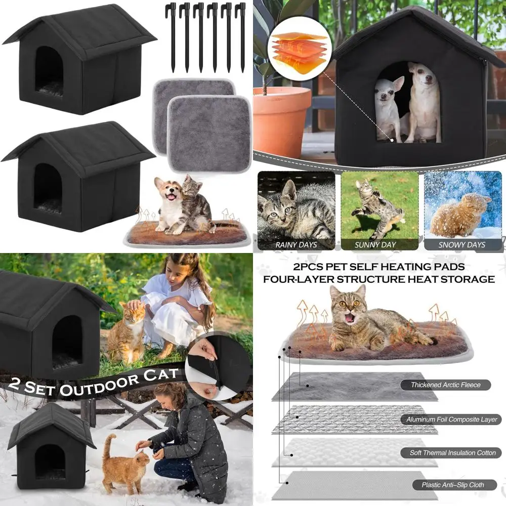 

Double Outdoor Cat Shelter with Heated Pad, 15.8 Waterproof for Stray Animals - Black