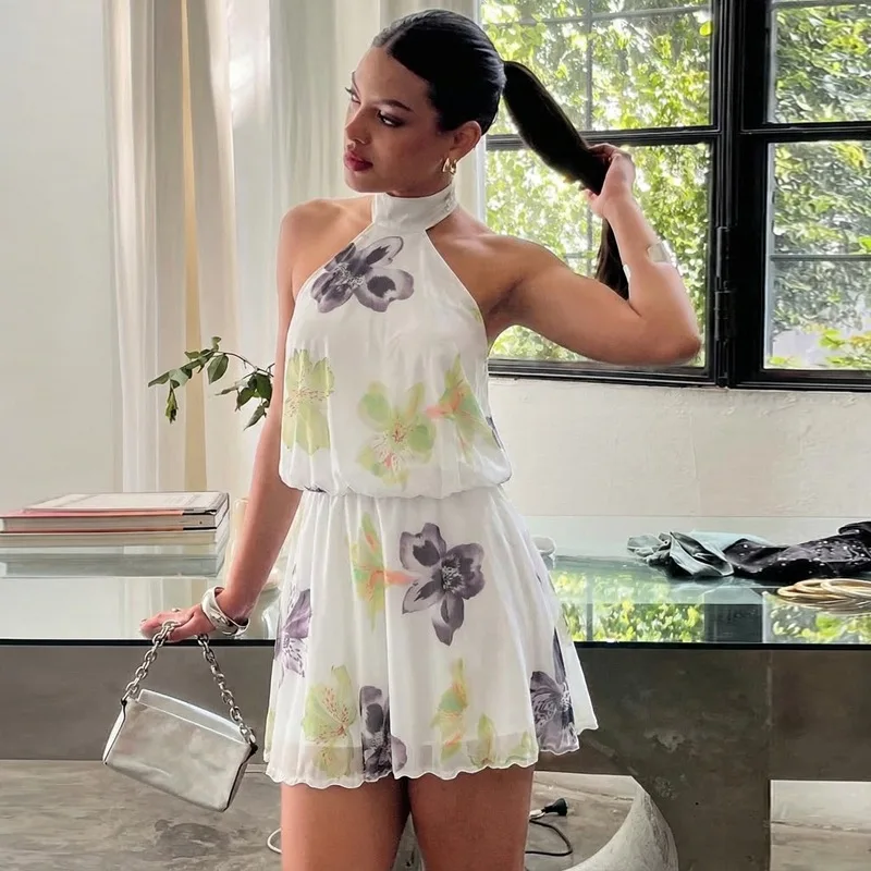 

Tsiisd Floral Print Backless Mini Dress Women Necklace Summer High Waist Elegance Fashion Beach Vacation Party Dress Female New