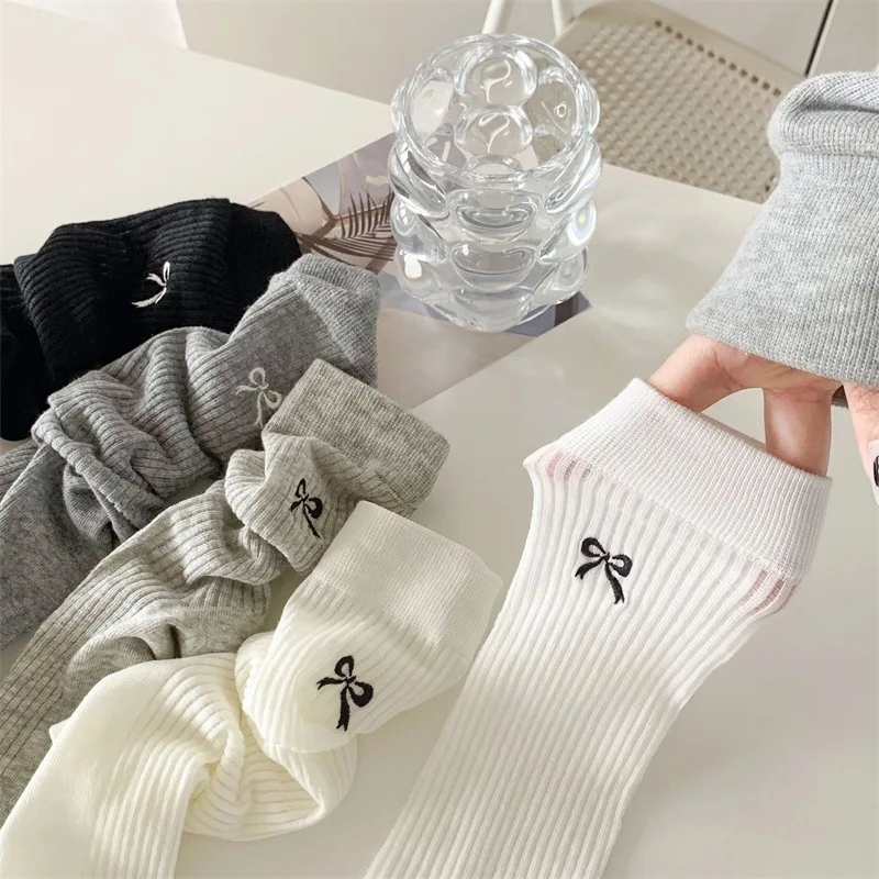 Women's Bow Embroidery Calf Socks,Cute Ribbed Knit Cotton Knee High Socks for Daily Wear,School,Office,JK Uniform,Sneakers,Boots