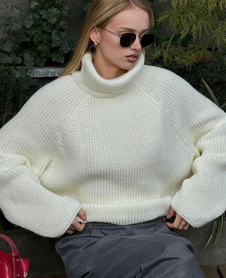 

Turtleneck Back Hollow Knitted Sweater Womens's Loose White Pullover Sweater Long