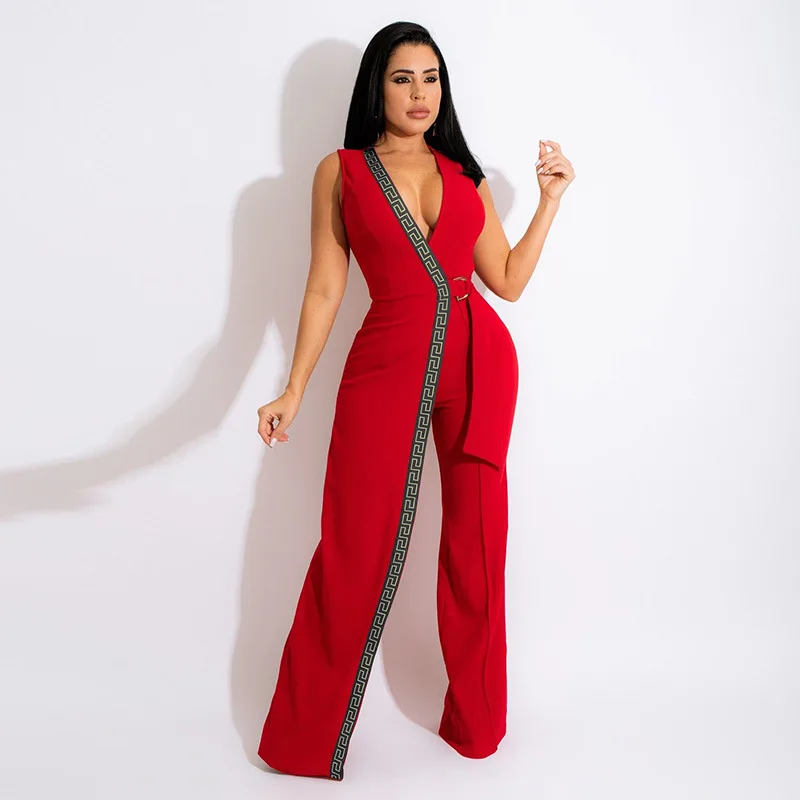 

Elegant Spring Print Slimming Color Block Women's Deep V Jumpsuit with Belt High Waist Straight Trousers Romper Onepieces
