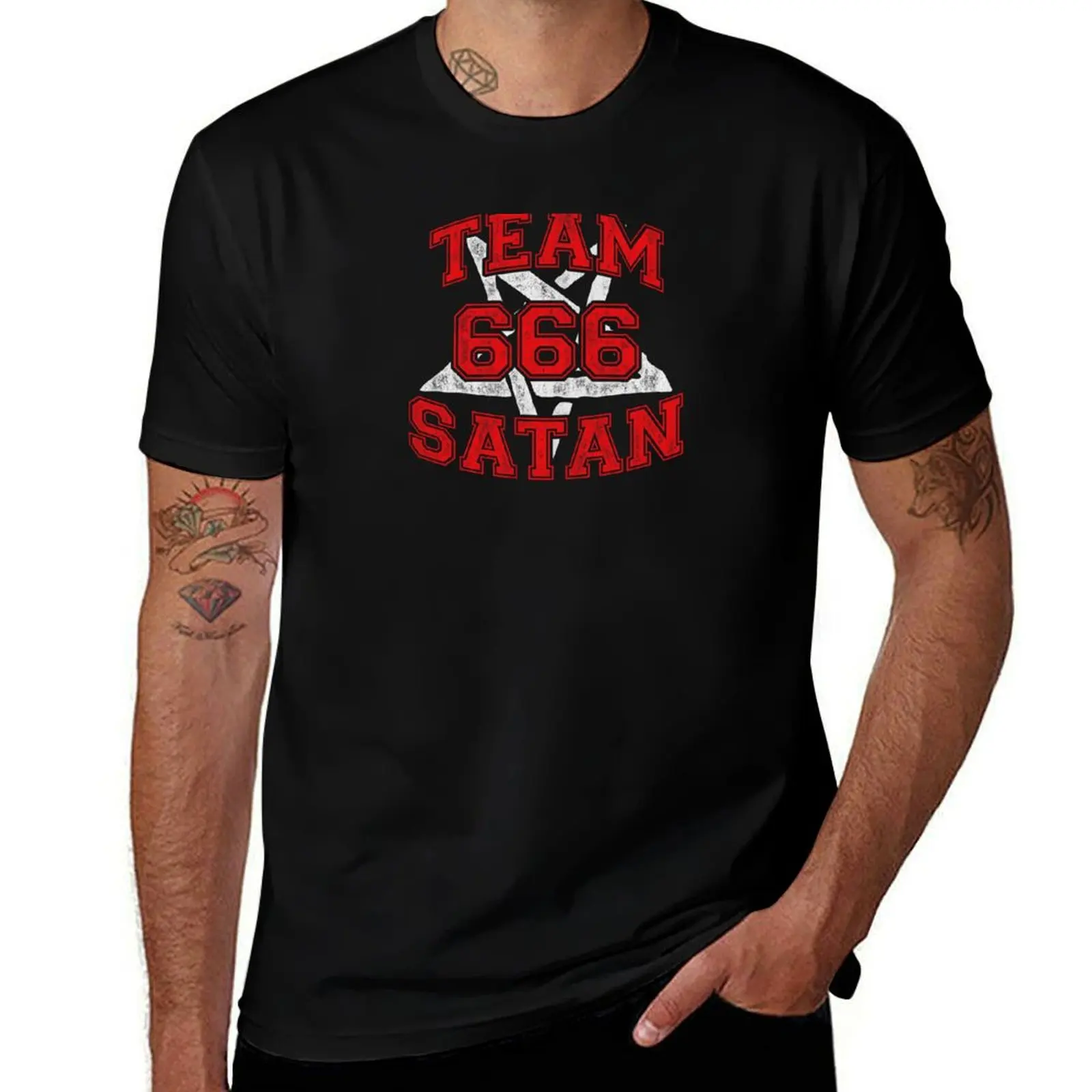 Team Satan. Satanic Varsity Pentagram Design T-Shirt Basic Short Sleeve T-Shirt for Men
