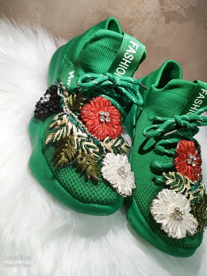 Studded Embroidered Crystal Colored Green Socks and Shoes